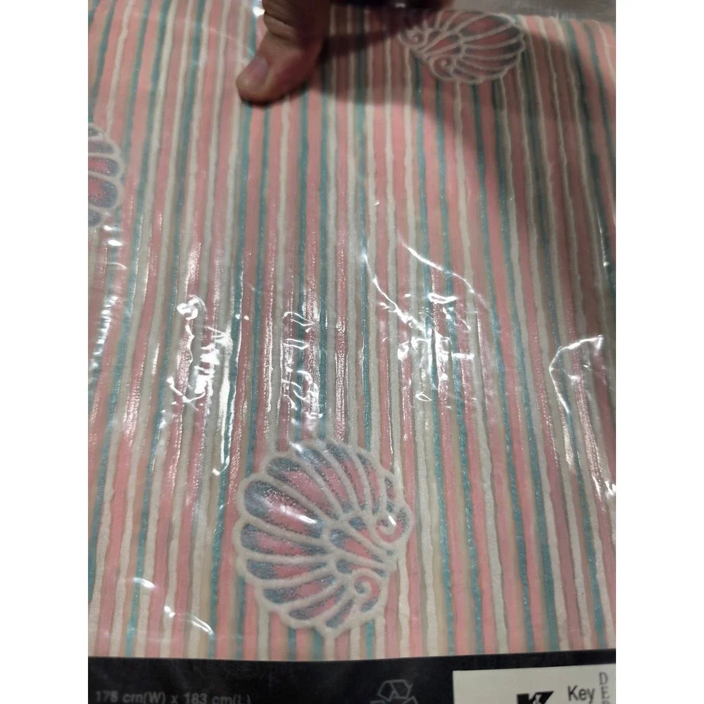 Vintage Kmart Shell Stripe Vinyl Shower Curtain Seashell Pastel Pink Blue 70x72